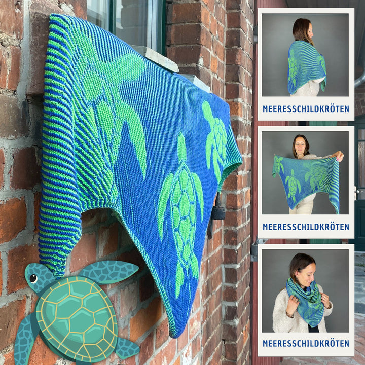 AVAILABLE NOW Lola Illusion Knitted Scarf Sea Turtles Shawl - 4ply